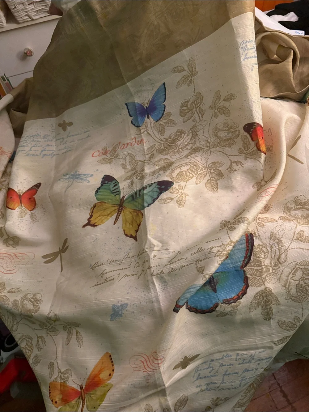 Floral bathroom Curtain Panel in Cream and Gold with Blue Accent